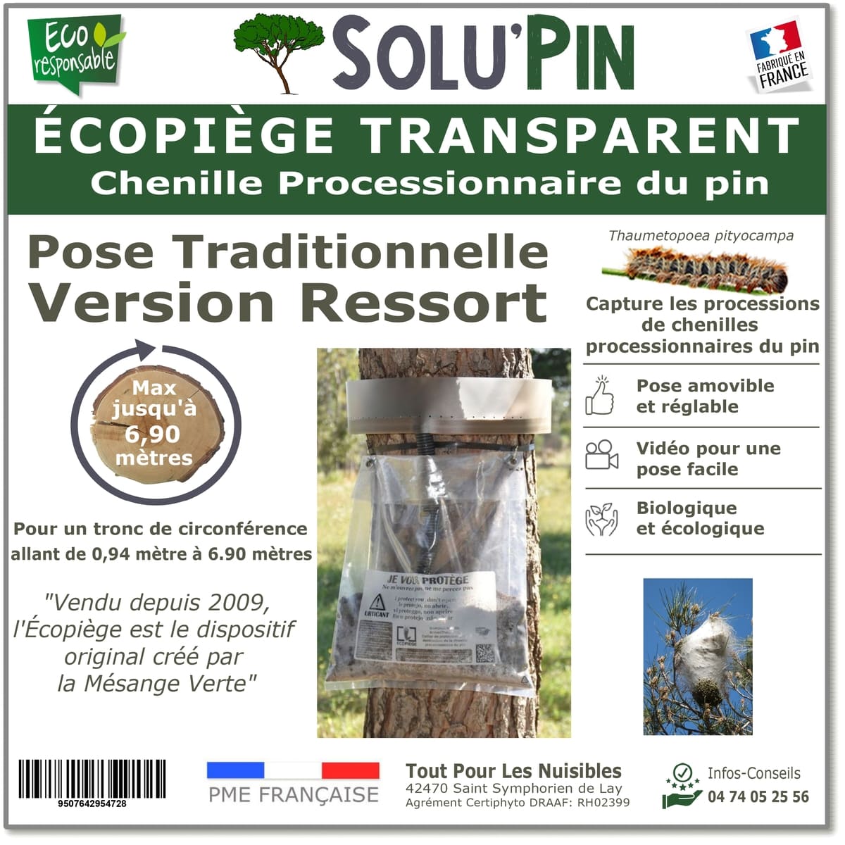 Écopiège SOLUPIN Version Transparente Ressort, le Piège Collier pour capturer les chenilles processionnaires du pin