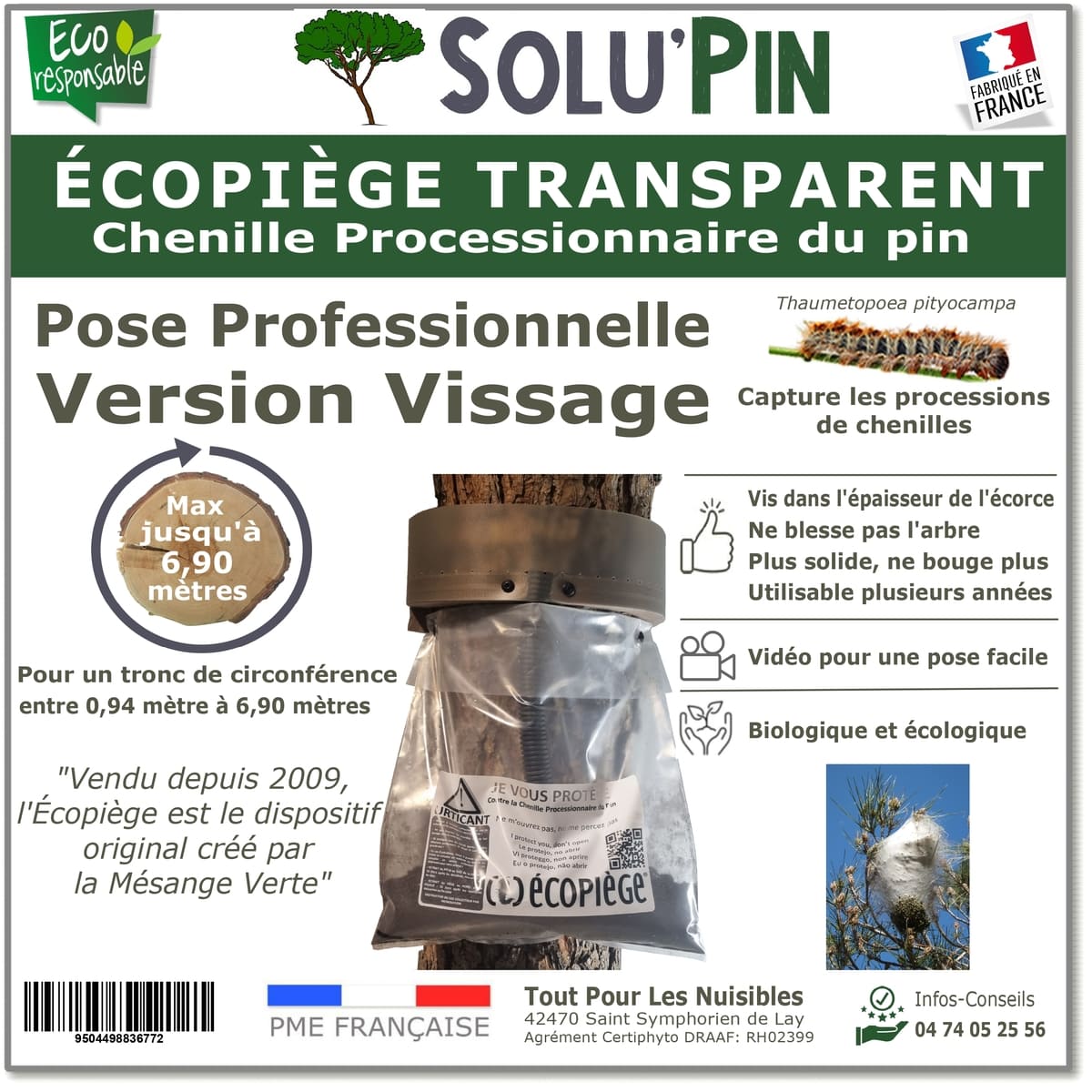 Écopiège SOLUPIN Version Transparente Vissage, le piège Collier pour capturer la chenille processionnaire du pin