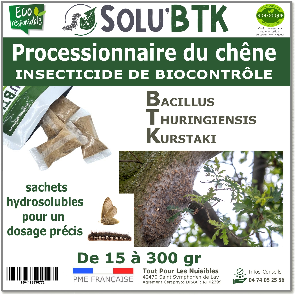 Insecticide BTK de biocontrôle contre les chenilles de la processionnaire du chêne, SOLU