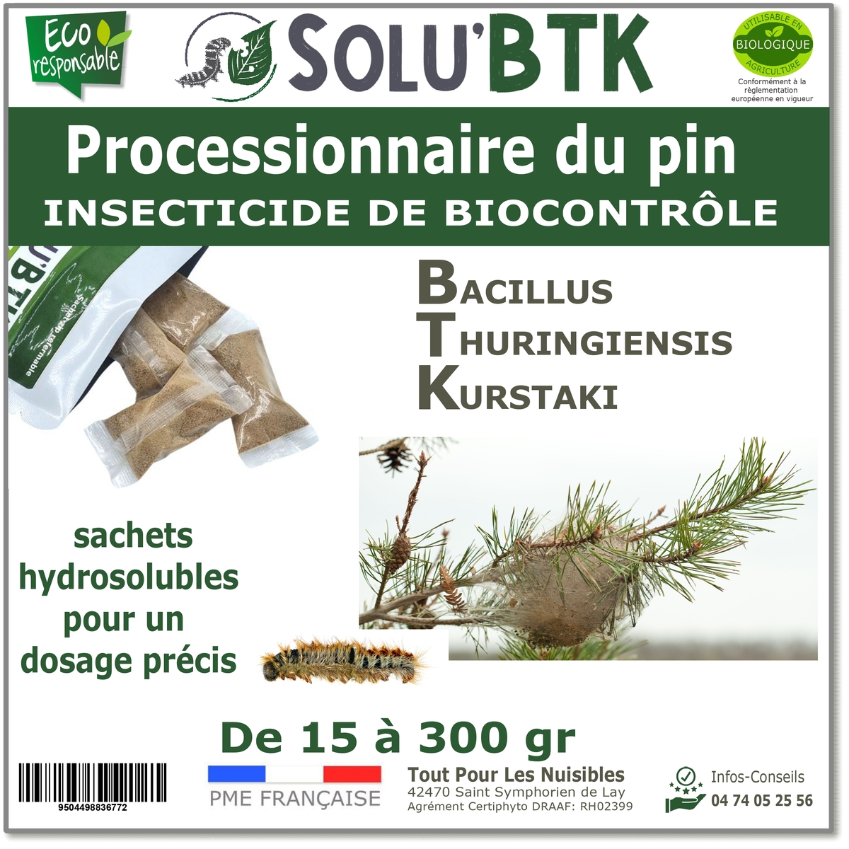 Insecticide BTK de biocontrôle contre les chenilles de la processionnaire du Pin, SOLU