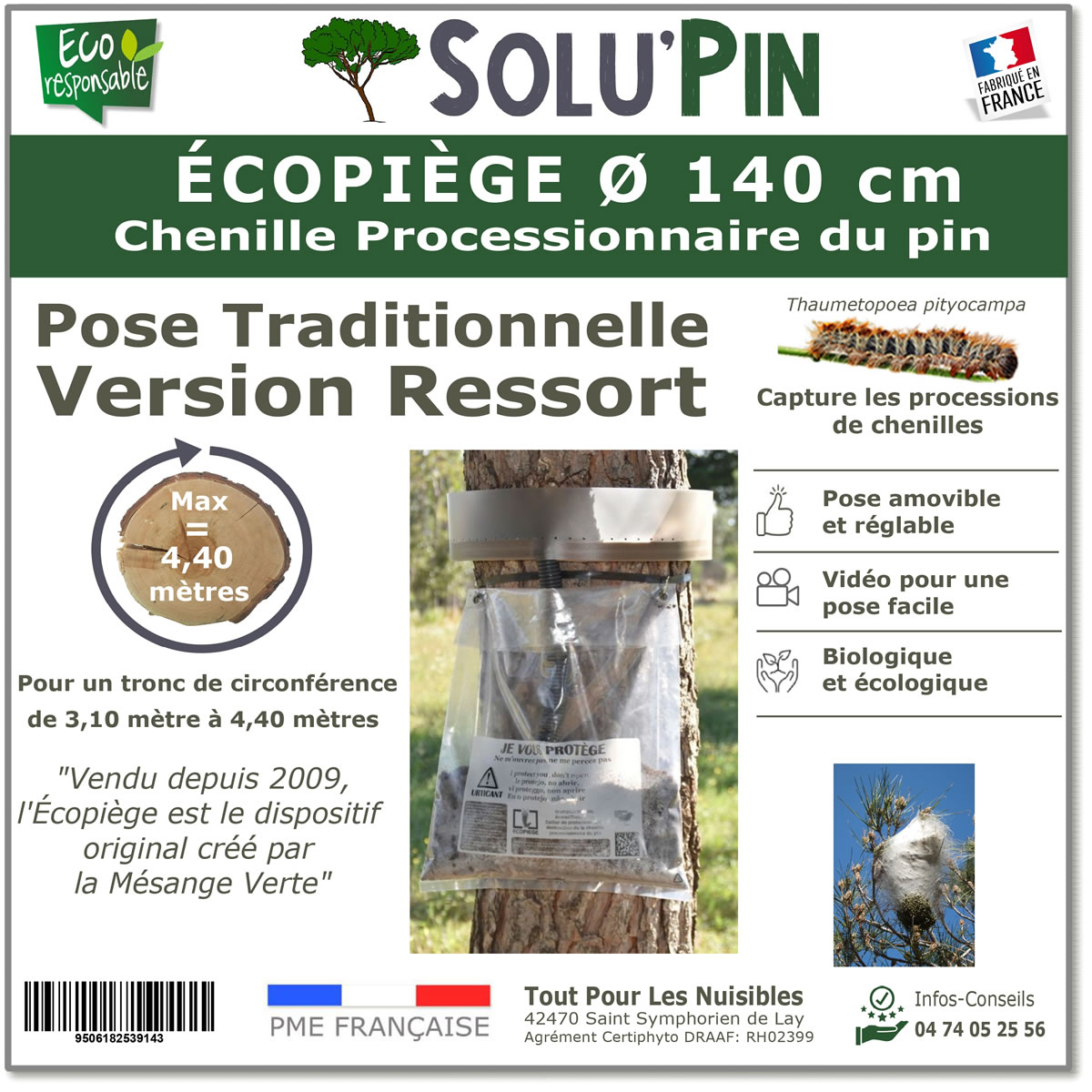 Écopiège Transparent Version Ressort Ø 140 cm SOLUPIN, Collier piège chenille processionnaire du pin et du cèdre